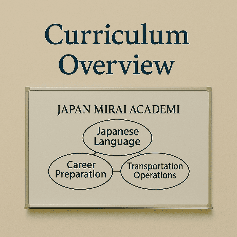 「ジャパンみらいアカデミーのカリキュラムを示したホワイトボードの画像。『Japanese Language(日本語)』『Career Preparation(キャリア準備)』『Transportation Operations(運送業務)』の3つの要素がつながった図が描かれており、上部には英語で『Curriculum Overview(カリキュラム概要)』と記載されている。